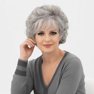 RENERSHOW Short Grey Curly Wigs for White Women Sliver Gray Synthetic Wig with Bangs Full Puffy Curly Grey Short Wig