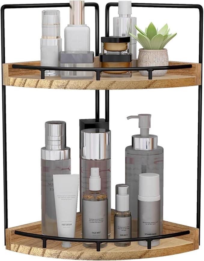 2-Tier Bathroom Counter Organizer, Wooden Corner Shelf for Vanity Countertop Skincare & Makeup, Storage and Organization for Kitchen