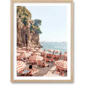 HesenDot Natural OAK Wood Framed Summer in Positano Wall Art,12x16in Italy Amalfi Coastal Canvas Wall Print,Arienzo Beach Umbrellas Poster Wall Decor for Living Room,Bedroom,Office Gallery Set of 1