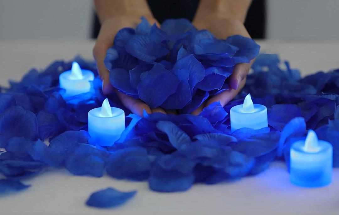 LANKER 500 PCS Blue Artificial Rose Petals with 24 PCS Bright Flickering Blue Flameless LED Tea Lights Candles (Blue Lights with Blue Rose Petals)