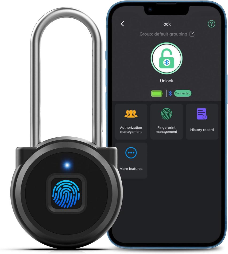 Fingerprint Gym Locker Lock, Anweller Keyless Biometric Long Shackle Small Padlock, Electronic Digital Bluetooth Smart Waterproof Pad Lock for Outdoor Fence Gate School Storage Sport Backpack Travel