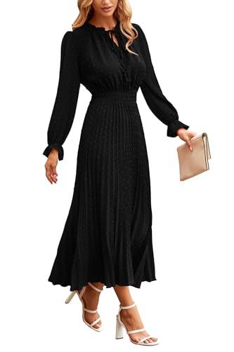 PRETTYGARDEN Women's 2025 Spring Fall Midi Dress Casual Long Sleeve V Neck Swiss Dot Pleated A Line Flowy Dresses (Black,XXLarge)