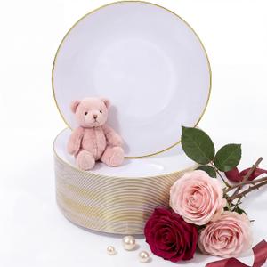 Nervure 100 Pieces Gold Plastic Plates - 10.25 inch Gold Dinner Plates - Heavyweight White and Gold Disposable Plates Ideal for Wedding & Party & Mothers Day