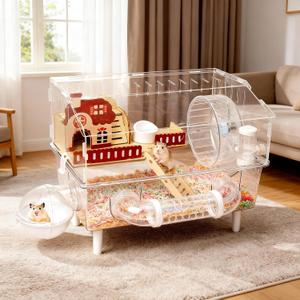 Large Hamster Cage 9 in 1 with All Accessories, 2-Layer Acrylic Hamster House with Full Transparent Viewing, Top Open Mouse Cage for Pet Mice, Hamster Habitat for Dwarf Hamster, Gerbils (Transparent) (Red Villa)