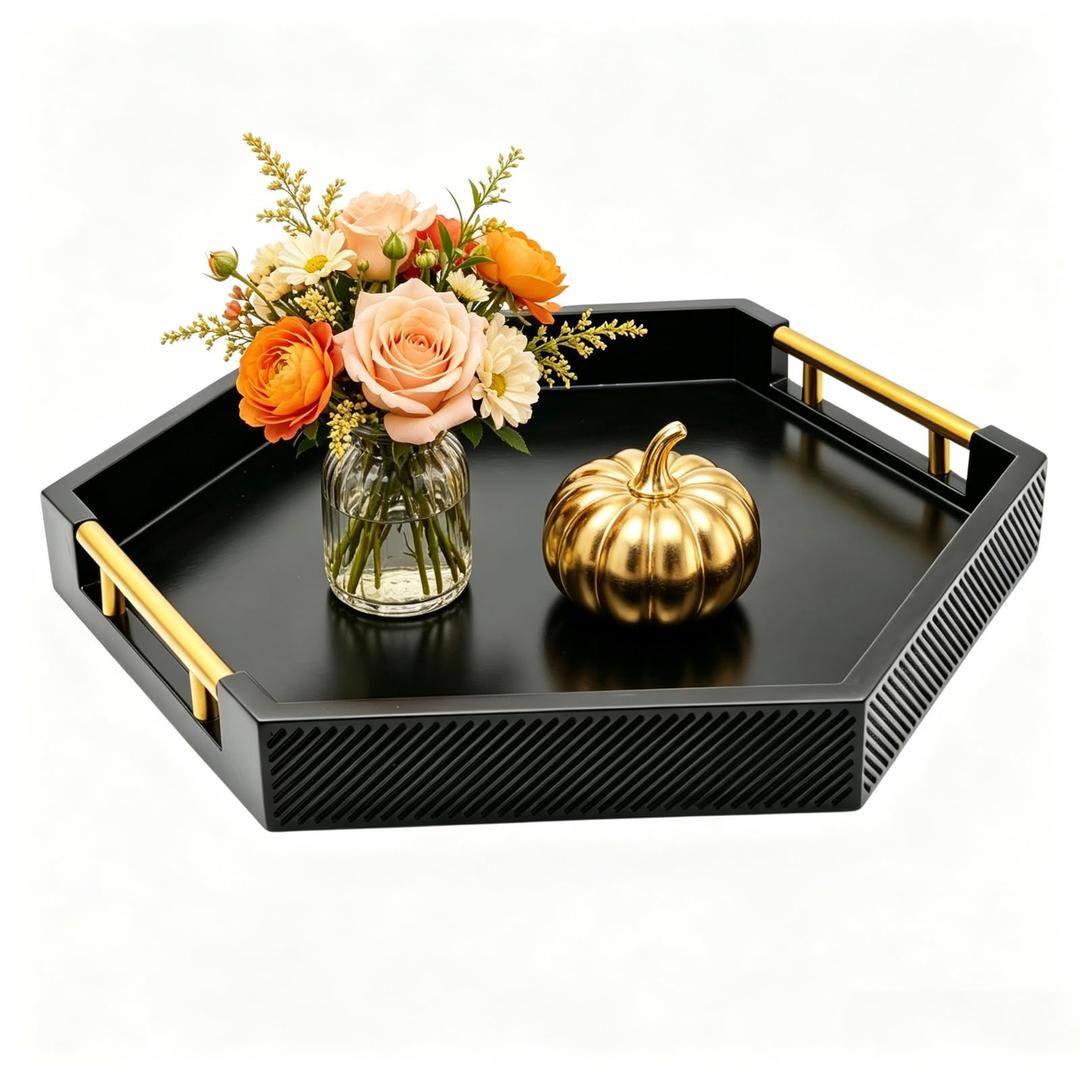 Dugunusu Hexagon Decorative Serving Tray with Polished Gold-Tone Metal Handles, Black Glossy Finish, Large Ottoman and Coffee Table Tray, 17.7x15.4x2 Inch (Black)