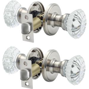Crystal Door Knobs 2 Pack Glass Doorknobs for Bed Bath Clear Glass Privacy Interior Door Locks Handles Satin Nickel, Privacy