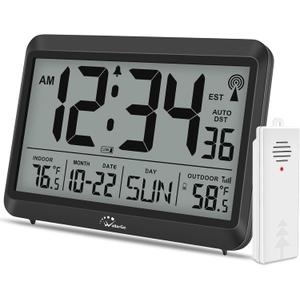 WallarGe Atomic Clock with Indoor Outdoor Temperature - 8.5'' Digital Clock Battery Operated, Self-Setting, 4 Time Zones, DST