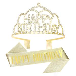 Gold Rhinestones Tiara & Happy Birthday Sash Set, Birthday Sash and Crown for Women, Princess Birthday Party Decorations for Women Girls Birthday Gifts for Her Glitter Birthday Accessories for Women