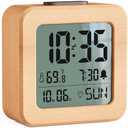 CHEREEKI Battery Operated Clock with Real Wood Case, Loud Alarm, Snooze, Automatic Light Sensor, Temperature, Date and Day of the Week Display (3 AAA Batteries Included)