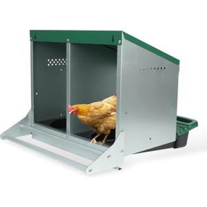 Chicken Nesting Box, 2 Holes Nesting Boxes, Heavy Duty Metal Laying Boxes, Roll Away Nesting Box Egg Collection Tray, with Roosting Pole for Chicken Coop(Green)
