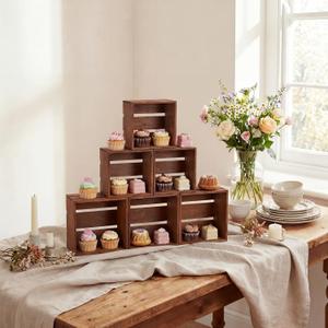 6 Pcs Rustic Wood Crates Cupcake Stand Decorative Wedding Cupcake Display Crates Stackable Distressed Food Risers for Buffet Dessert Table Display, Wedding, Birthday(Brown)