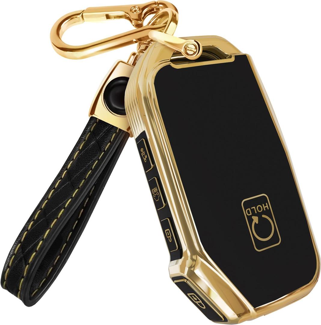 Lucrum for Kia Key Fob Cover & Leather Keychain - TPU Keyfob Case for Sportage Soul Forte EV6 Niro K5 Stinger (2018-2025) (Black)