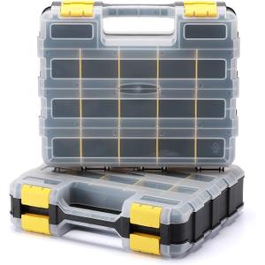 EMENTOL 2PCS Double Side Tool Organizer with Customizable/Removable Plastic Dividers, Hardware Box Storage for Screws, Nuts, Nails, Bolts, 34-Compartment, Black/Yellow
