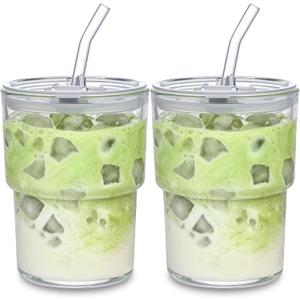 13oz Glass Tumbler with Straw and Lid, Leak Proof Iced Coffee Cup, Thick Wall BPA Free Drinking Glass Water Cups for Iced Coffee, Matcha, Smoothie and Travel-(Clear-2pack)