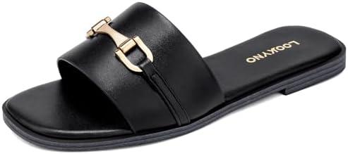 Lookyno Womens Flat Sandals Dressy Square Open Toe Summer Slides Sandals Slip on Comfortable Leather Sandals for Women 7