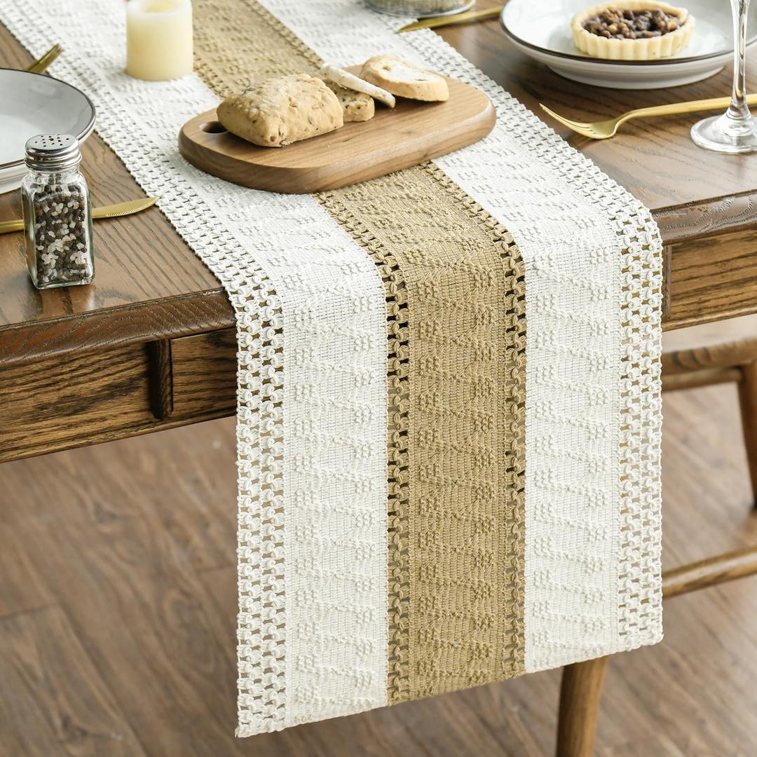 Artoid Mode Burlap Brown Farmhouse Rustic Table Runner, Seasonal Holiday Hollow Kitchen Dining Table Decoration for Home Party Decor 12x72Inch