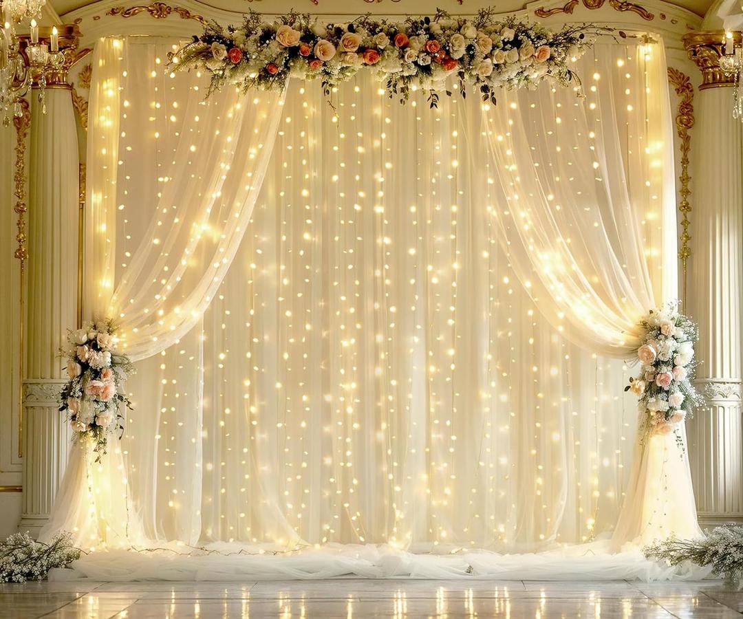 30ft X 10ft Champagne Tulle Wedding Reception Backdrop Curtains with Lights String 6 Panels Sheer Backdrop Curtains for Parties Bridal Baby Shower Birthday Event Christmas Background Home Decorations