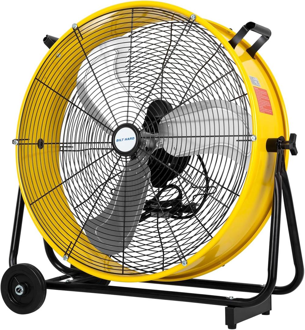 BILT HARD 24" 8100 CFM High Velocity Industrial Drum Fan, 3-Speed Heavy Duty Metal Shop Fan for Garage, Warehouse, Workshops, Factory and Basement, UL Listed (Yellow)