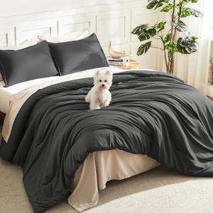 Litanika Comforter Set Dark Grey Oversized King Size, 3 Pieces Lightweight Solid Bedding Comforter Set, All Season Fluffy Bed Set (120x98In Comforter & 2 Pillowcases)