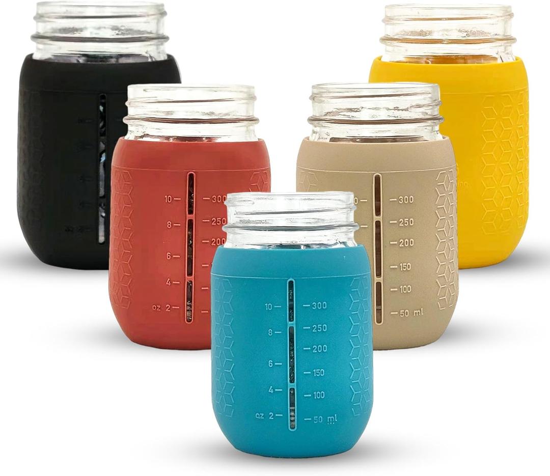 Silicone Mason Jar Sleeves Autumn Winter Set | Anti-Slip Protectors for Regular Mouth 16oz Jelly Canning Jars | Cup Holders with Measurement Markings | Dishwasher Safe Jar Jackets - 5 Pack