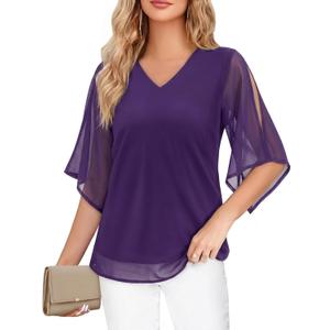 Uhiger 3/4 Length Sleeve Womens Tops V Neck Chiffon Blouse Dressy Casual Double Layered for Weekend Outings and Everyday Wear (Purple, XXL)