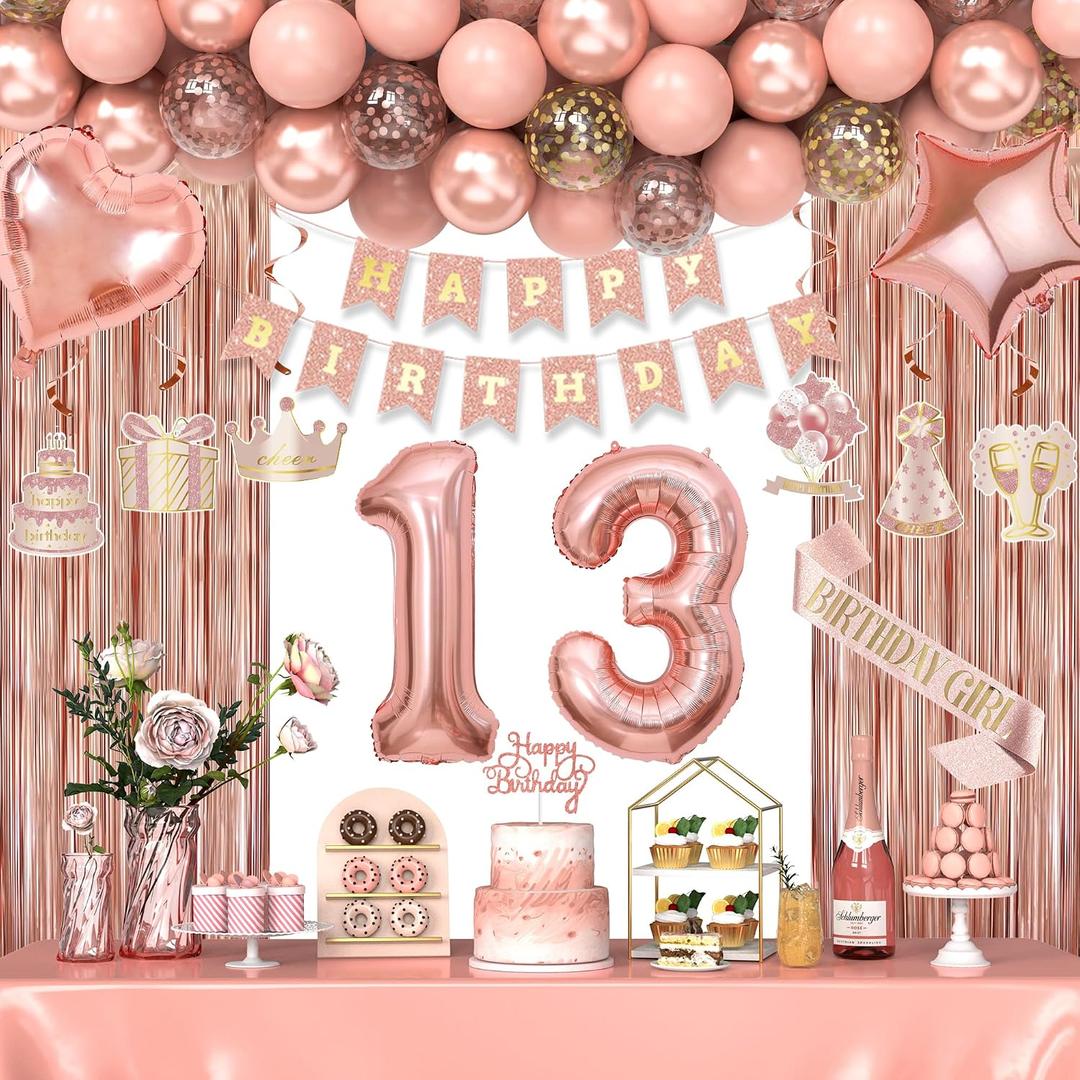 Rose Gold 13th Birthday Decorations for Girls, 72 Pieces: Fringe Curtains, Number Balloons, Banner, Foil Balloons & More