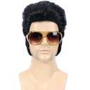 Bettecos 4pcs Set 50s Rock Wig with Sunglasses and Necklace for Men Singer Rocker Costume Wigs for Cosplay Halloween Party (Adults)