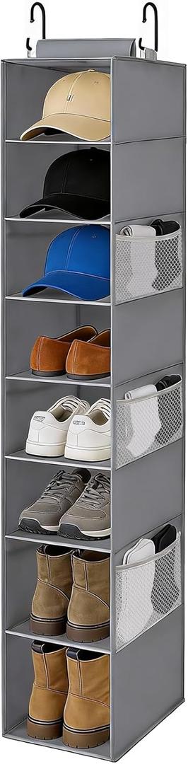 VERONLY Hanging Shoe Organizer for Closet,8-Shelf Hanging Storage with Side Mesh Pockets,Wider Shelves for Baseball Caps,Clothes (9" W  11.8" D  54" H) Grey
