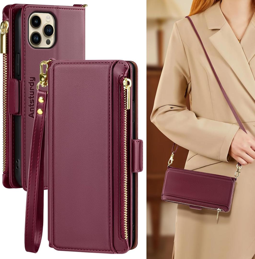 Antsturdy Compatible with iPhone 11 Pro Max Wallet Case for WomenRFID Blocking Crossbody Phone Case PU Leather Zipper with Wrist Strap Flip Cover Credit Card Holder for Apple 11 Pro Max,Wine Red