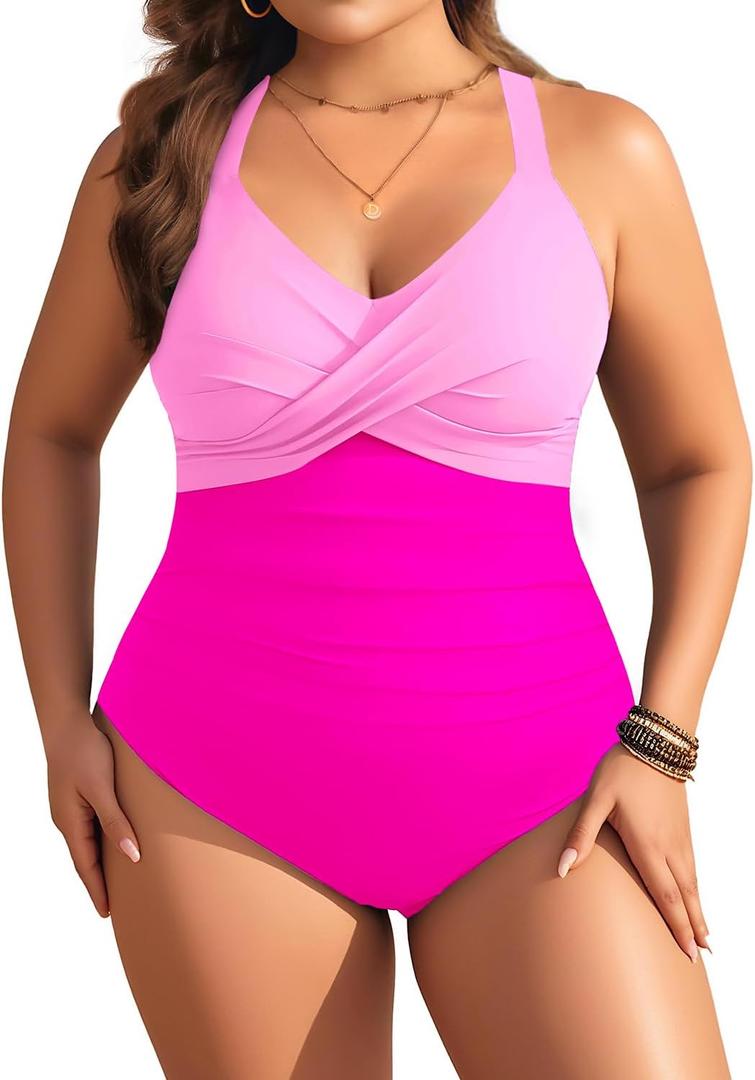 Aqua Eve Plus Size One Piece Swimsuit - Women's Tummy Control Bathing Suit Retro Full Coverage Swimwear 2025 Pink 20W