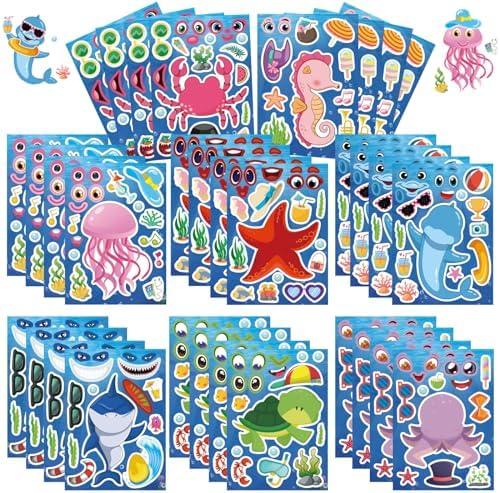 Jovial & Joyful 32 Sheets Sea Animals Make Your Own Stickers, Make a Face Sticker Sheets for Kids, Octonauts Birthday Party Supplies, Under the Sea Party Favors, Return Gifts for Birthday Party , Pack of 13