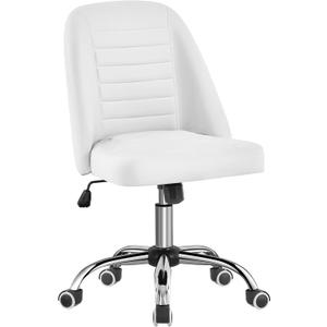 Yaheetech Mid Back PU Leather Armless Desk Office Chair, Modern Vanity Chair with Rolling Wheels, Metal Base White