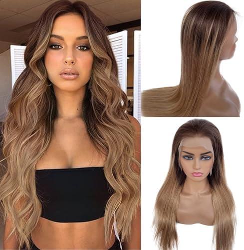 OiMiGO Highlight Straight Lace Frontal Wigs Human Hair 13x6 Transparent HD Lace Front Wigs Human Hair Pre Plucked, 180% Density Brazilian Virgin Hair Brown to Blonde Wigs for Women(#4/27A 16Inch)