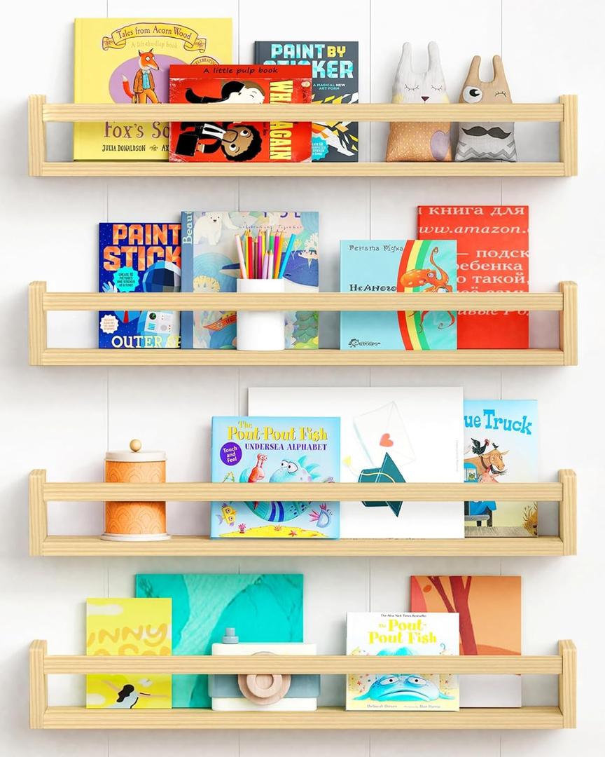 Forbena Natural Wood Nursery Bookshelves for Wall, 24 Inches Long Floating Book Shelves, Wall Mounted Bookcase for Baby Teen Girl Boy Kids Room Bedroom, Playroom Organizer, Bathroom Decor (4-Pack) (23.6 Inch)