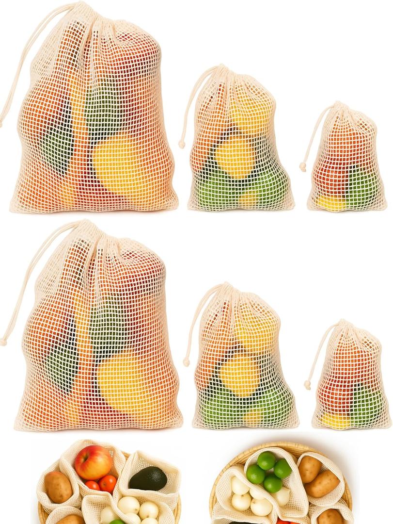 Reusable Mesh Produce Bags, Cotton Durable Double Stitched Lightweight Mesh Bags with Drawstring for Grocery Shopping, Veggies & Fruits: Set of 6 (2L, 2M, 2S) (Small (8"x10"), Medium (10"x12"), Large (12"x15"))