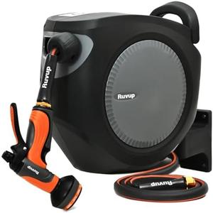 Ruvup Retractable Garden Hose Reel, 1/2in x 50ft Water Hose Reel with 10 Style Nozzle, UV Resistant Automatic Gardening Hose Reel Wall Mount for Outside, Slow Retraction Any Length Lock 180 Swivel