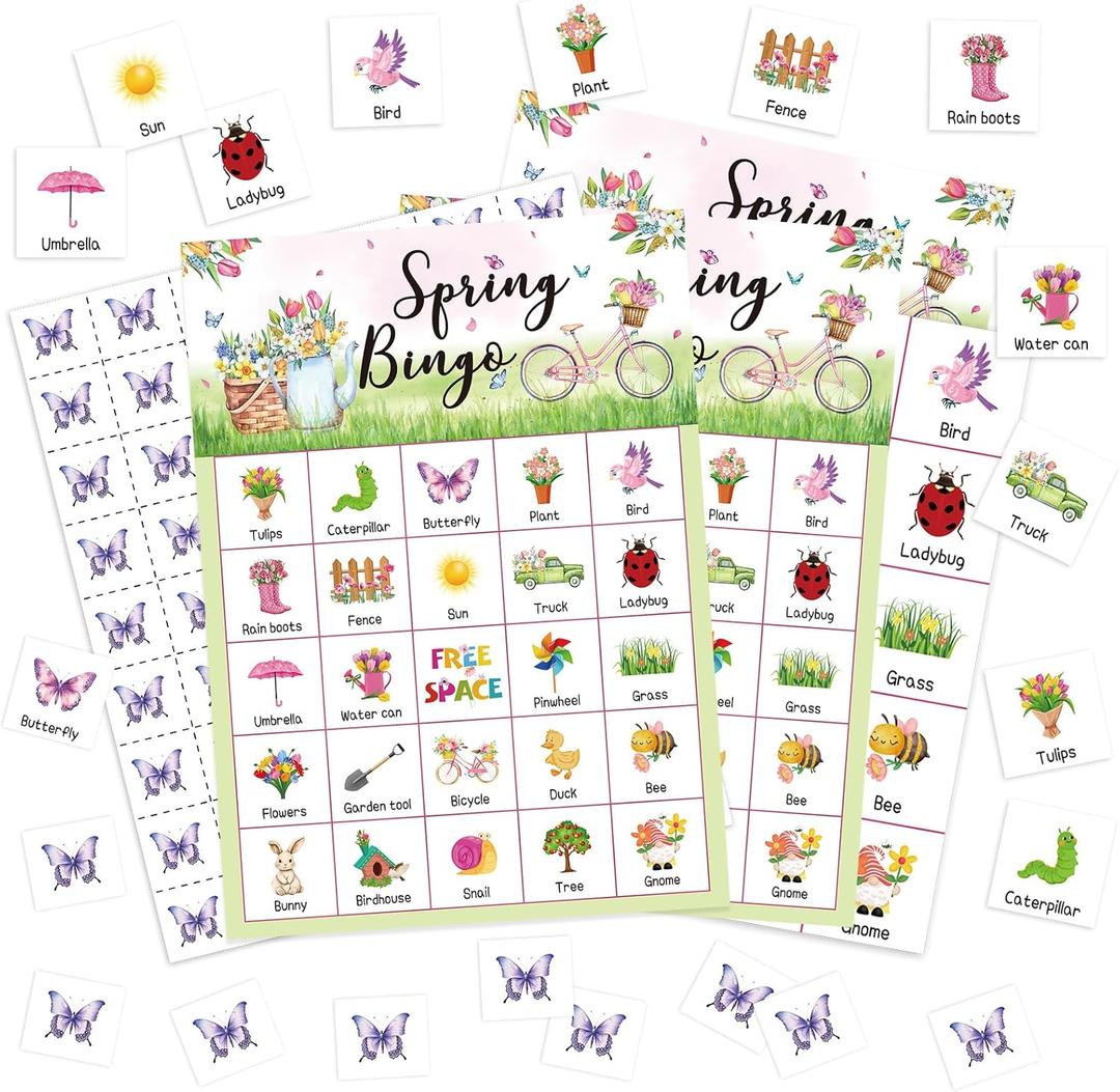 Containlol 35 Pcs Spring Bingo Game 24 Players Flower Butterfly Bingo Cards Spring Party Games Supplies for Adults Holiday Family Activity Birthday Party Favors Gifts