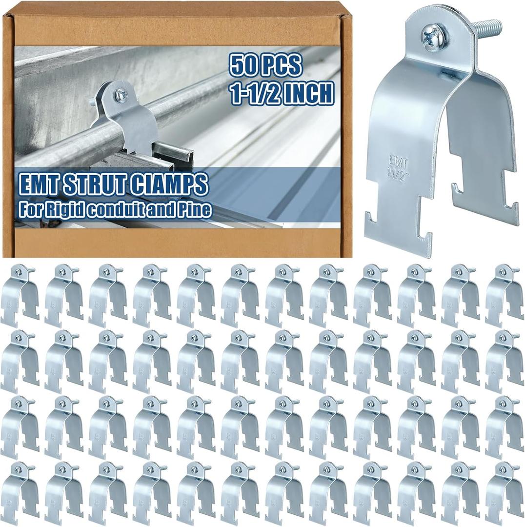 Landhoow 50 Pcs Emt Pipe Universal Strut Clamps Strut Channel Accessory Electro Galvanized Conduit Clamp with Bolt and Nut, Rigid Pipe Tool (1-1/2 Inch)