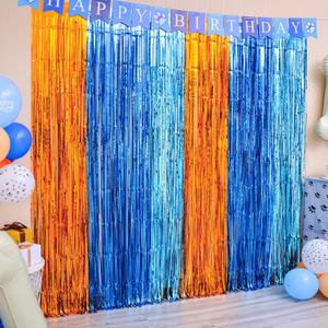 LOLStar Blue Dog Party Decorations, 2 Pack Dog-Themed Birthday Party Supplies, 3.3x6.6 ft Orange Blue and Light Blue Tinsel Photo Booth Props Streamer Photo Backdrop for Kids Boys Girls Party Decor