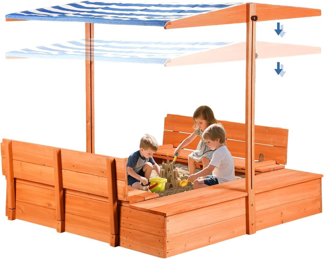 Kids Wooden Outdoor Sandbox with CoverSand Boxes with Canopy and Foldable Storage Bench Seats, Sand Table with Protection Bottom Liner,Kids Play Equipment for Outdoor(47X47Inch)