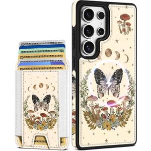 Shorogyt for Samsung Galaxy S25 Ultra Cute Kawaii Leather Phone Case - Compatible with Magsafe Wallet Magnetic Credit Card Holder Fashion Butterfly Design Phone Cover for Women Girls, Fits 7 Cards