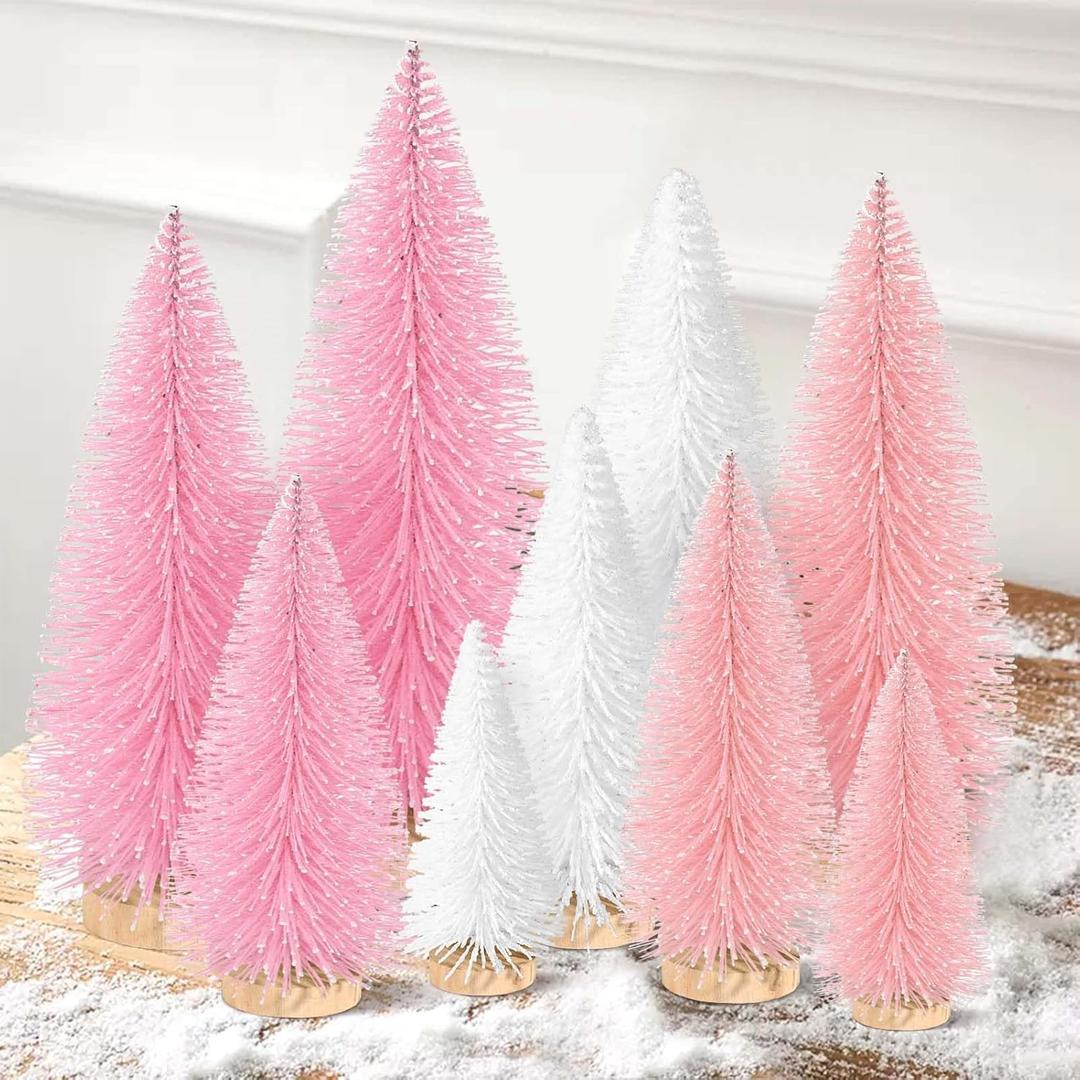 9Pcs Mini Christmas Trees Christmas Decor Artificial Christmas Decorations with 4 Sizes, Christmas Tree Bottle Brush Trees Christmas Table Decorations (Pink Light Pink White)