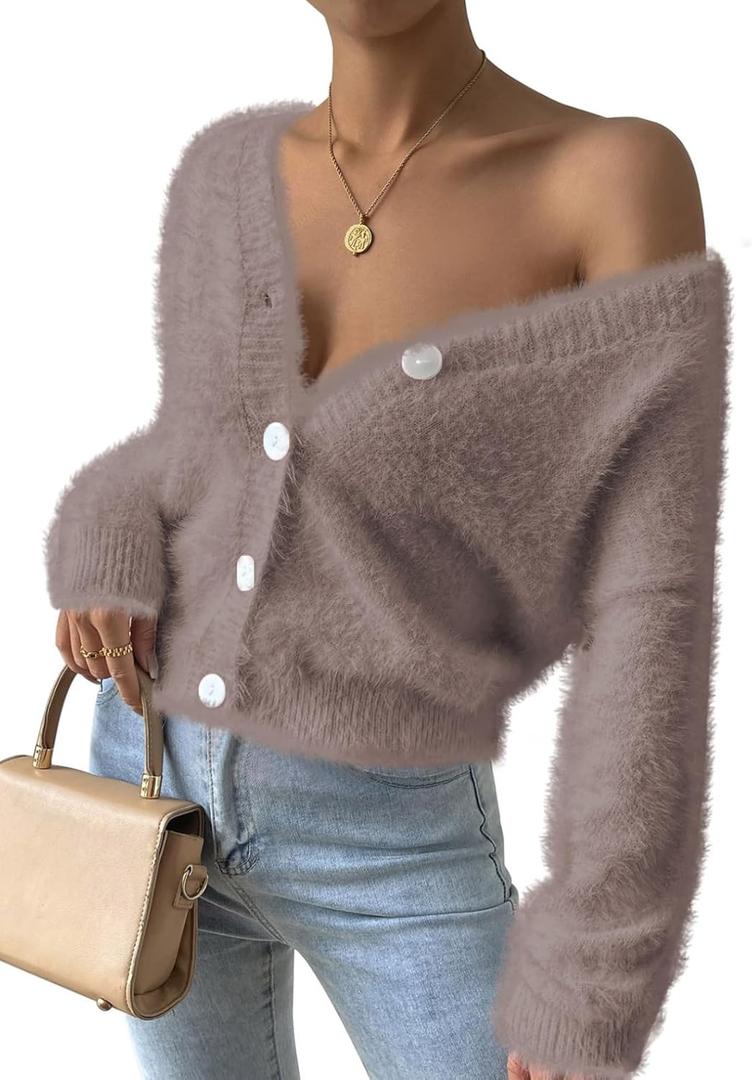 Pink Queen Women's Furry Cropped Cardigan Batwing Sleeves Open Front V-Neck Button Down Loose Casual Knit Sweater Coat (Large)