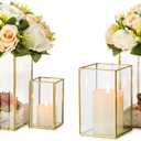 Glass Hurricane Candle Holder Large - Hewory 6pcs Gold Rectangle Flower Holders Centerpiece for Table, Tall Floor Square Pillar Candle Lantern for Wedding, Anniversary, Party, Fireplace, Dining Room
