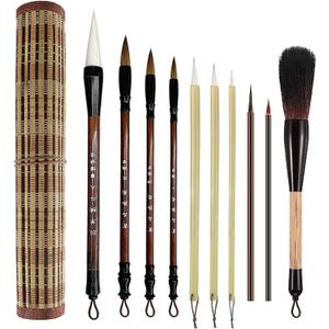 10-Piece Chinese Calligraphy Brush Set - Premium Writing Brushes with Roll-up Bamboo Brush Holder