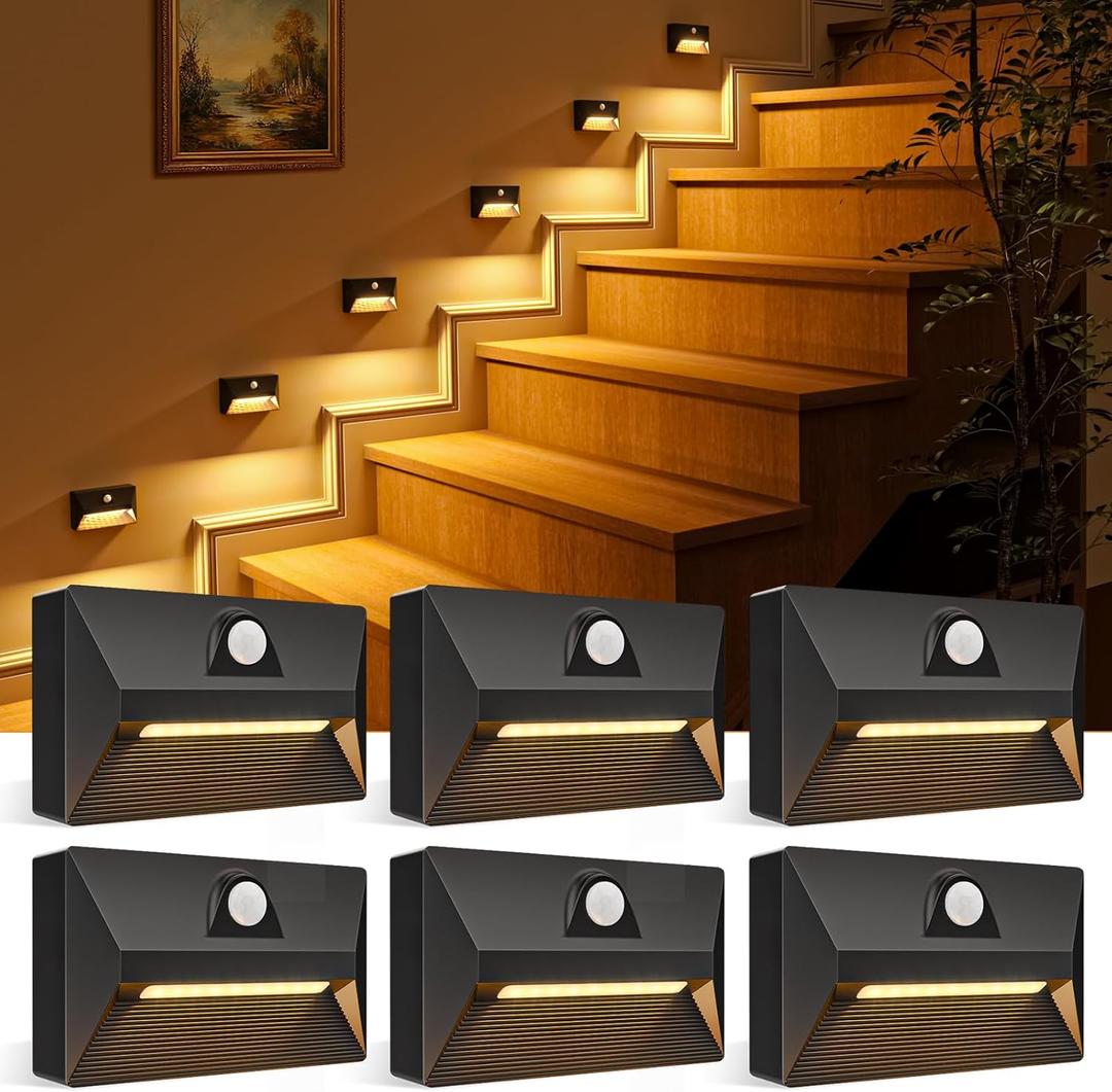 VOLISUN Motion Sensor Stair Light Rechargeable 6 Pack, Night Lights 3 Modes & 3 Color Temperatures, Magnetic Rechargeable Stick-On Lights for Stairs, Hallway, Cabinet(Black)