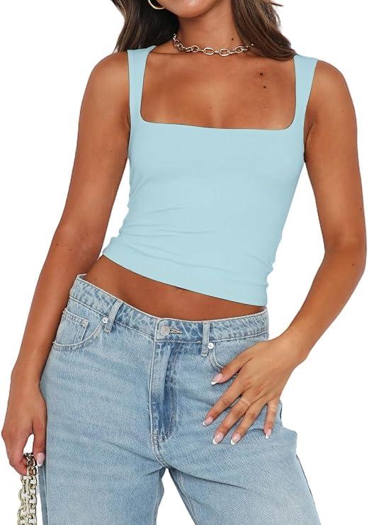 Chifeey Womens Sexy Crop Top Summer 2025 Square Neck Sleeveless Double Layer Going Out Tank Tops M 