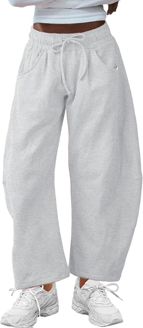 SeekMe Women's Barrel Leg Sweatpant Drawstring Elastic Waisted Wide Leg Pants Casual Cotton Palazzo Trousers with Pockets (Medium, Heather White)