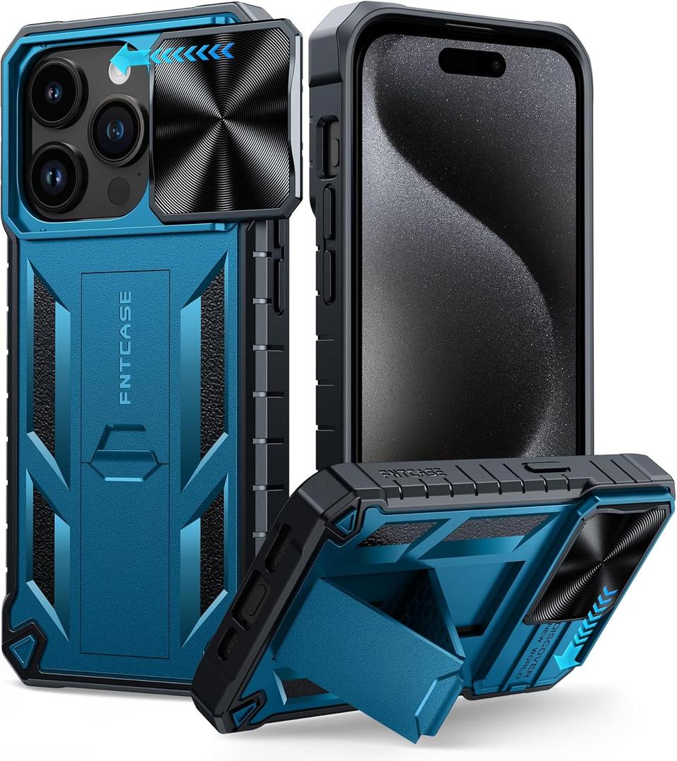 FNTCASE for iPhone 15 Pro Case: Military Grade Drop & Shock Protection Cell Phone Cover with Kickstand & Slide | Rugged Protective Bumper Textured (Blue)
