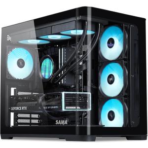 SAMA V60 Mid Tower PC Case, Curved Tempered Glass Panel, 7×120mm ARGB PWM Fans with Fan Hub, USB Type-C, High Airflow ATX PC Case for Case PC Gaming, Back-Connect Ready, 360mm AIO Support – Black
